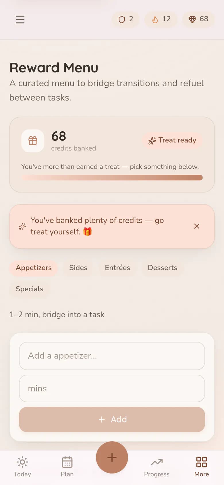 The Reward Menu on a phone, its three courses stacked with the credit price beside each treat and the current balance pinned at the top.