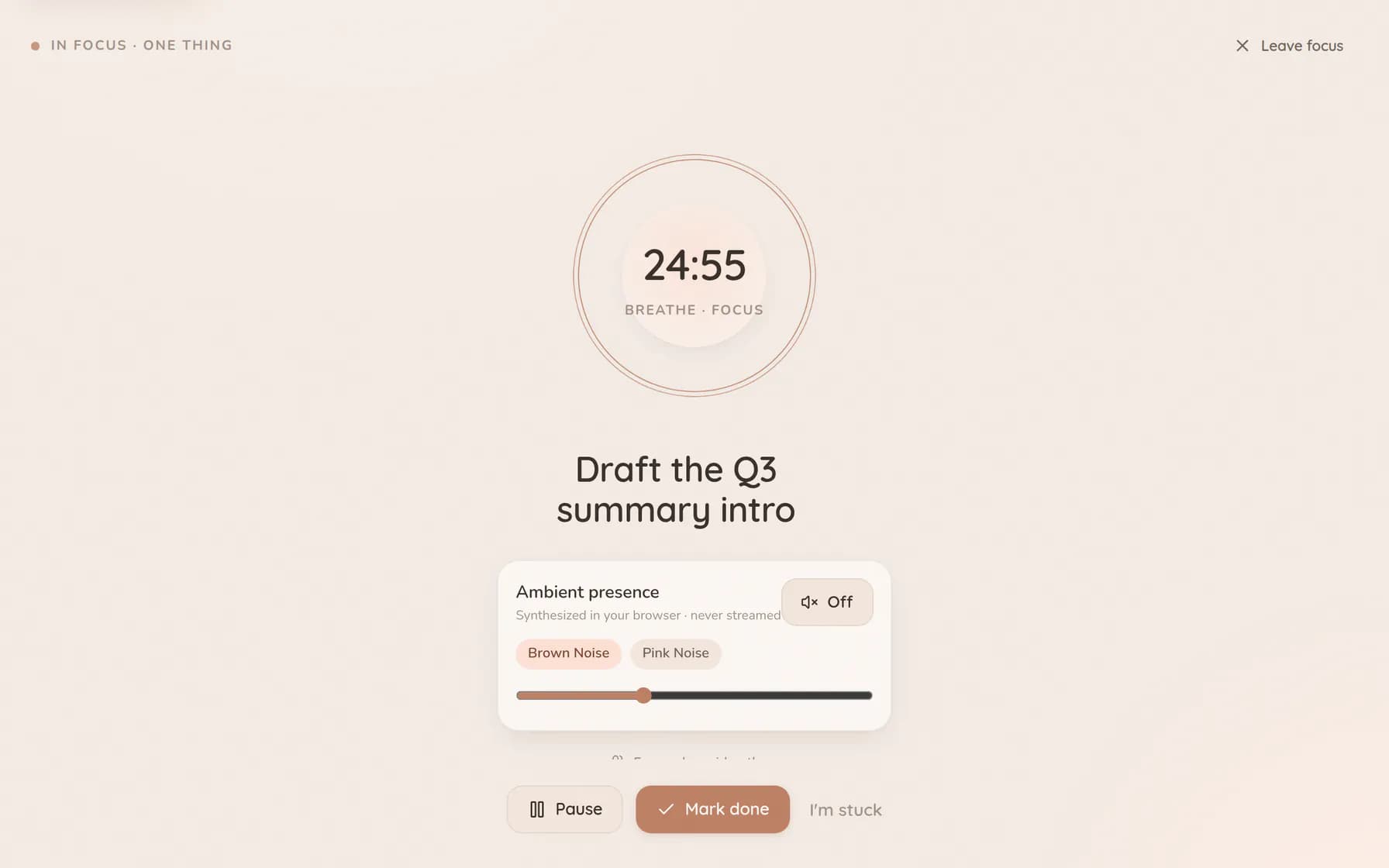 A focus sprint part-way through, showing the task title above a large ring that visibly shrinks as the minutes pass, with pause and finish controls and an ambient-sound toggle underneath.