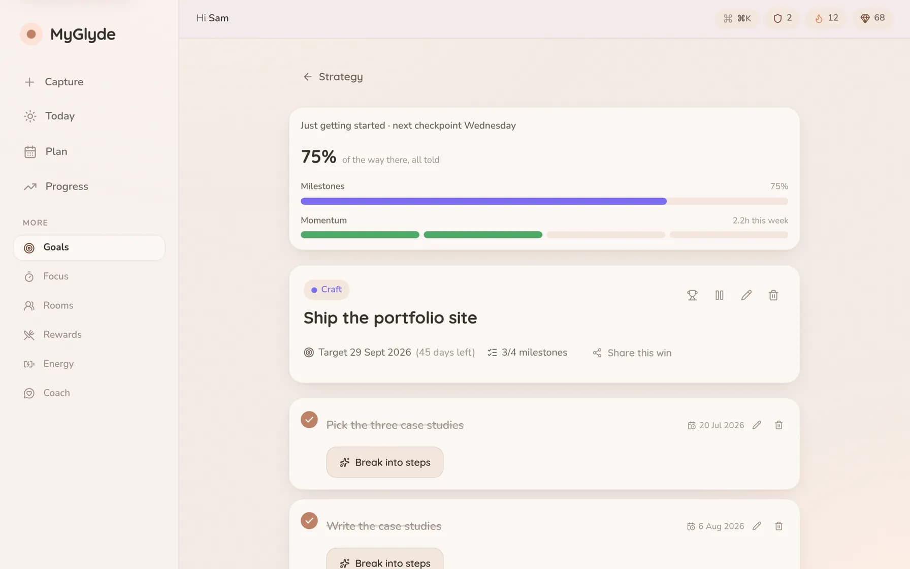 One goal opened up — 'Ship the portfolio site' — showing blended progress, a milestone timeline with three of four steps ticked off, and the dials controlling how hard it pushes and how often it checks in.