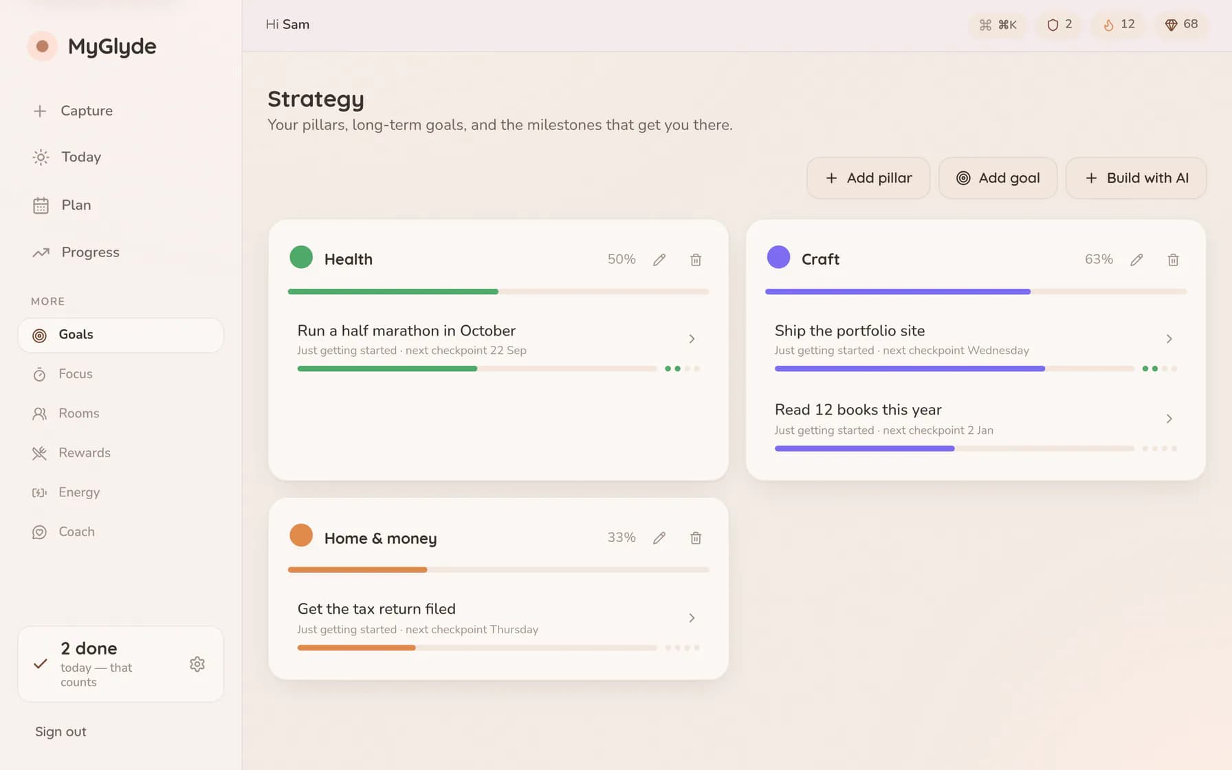 Goals grouped under three life pillars — Health at 50%, Craft at 63%, Home & money at 33% — each holding goal cards like 'Run a half marathon in October' with a progress bar and the next checkpoint date.