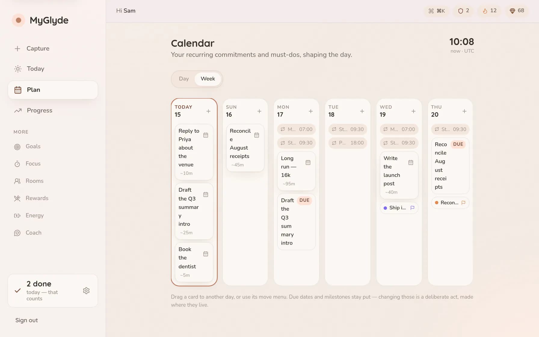 The week plan as seven day columns holding draggable task pills, repeating commitments like a 09:30 stand-up and Tuesday physio, coloured dots for goal milestones, and a flag on the two tasks with deadlines.