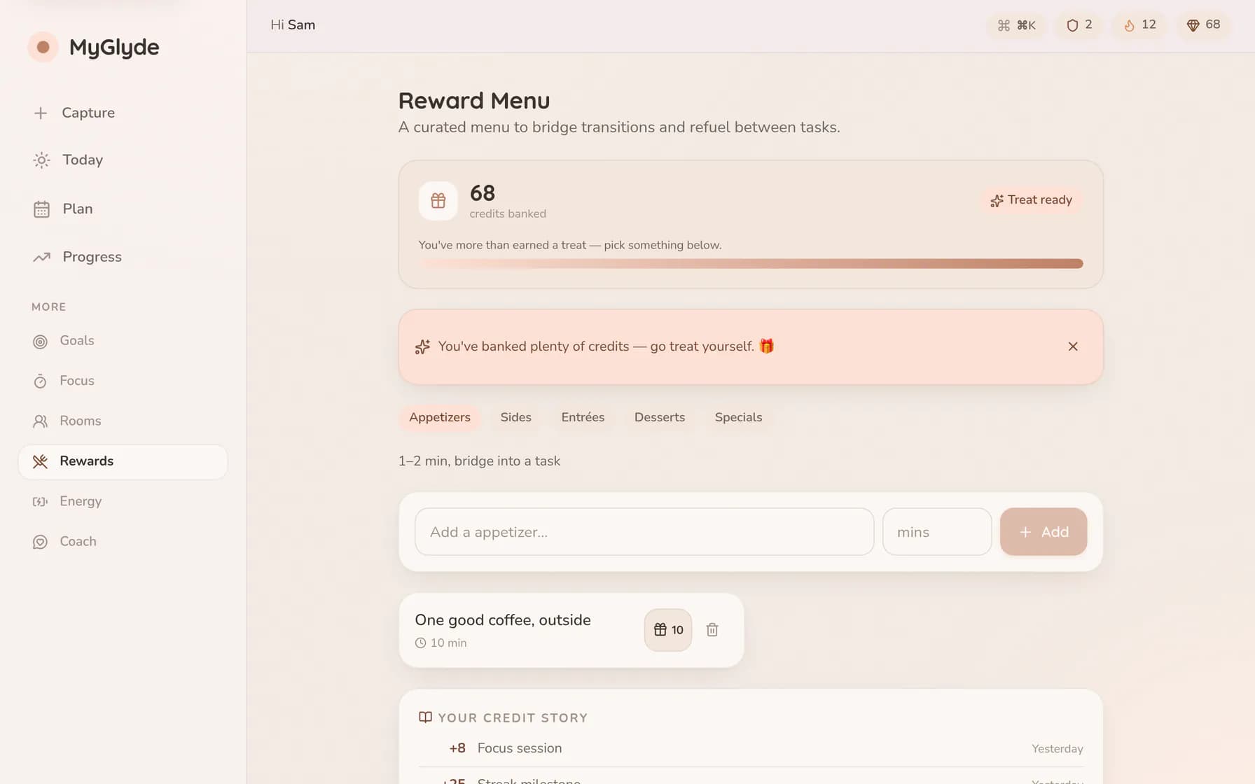 The Reward Menu written out like a restaurant menu — a coffee outside as the appetiser, a chapter of a novel as the side, twenty minutes of a video game as dessert — with 68 earned credits to spend on them.